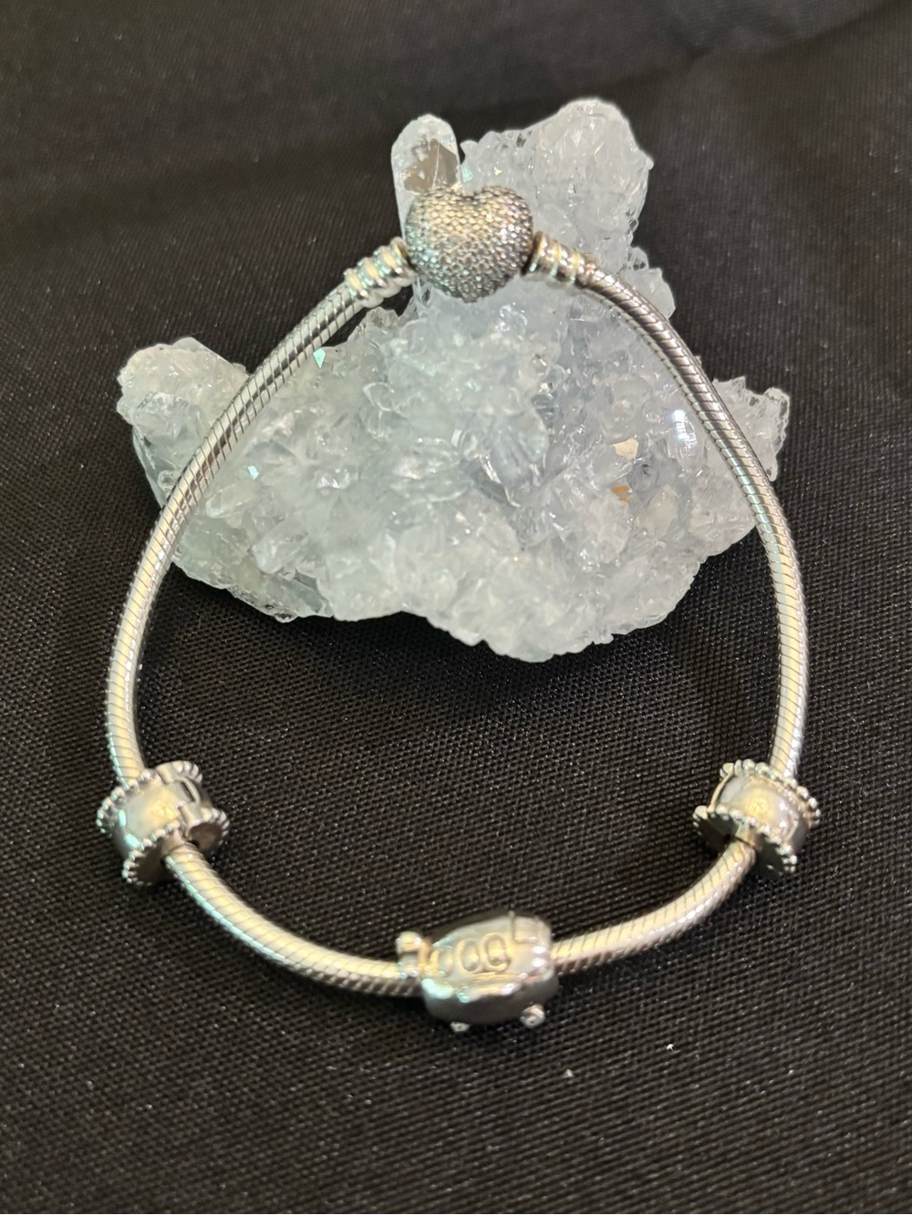 Pandora Sterling Silver Crystal Heart Clasp Snake Chain with 3 Charms. ✈️ 🩵 8”